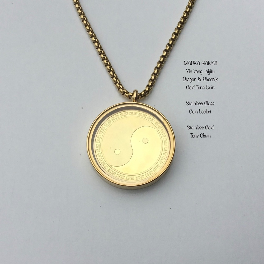 Yin Yang Taijitu Gold Tone Coin + Glass Stainless Locket + 60cm Stainless Chain